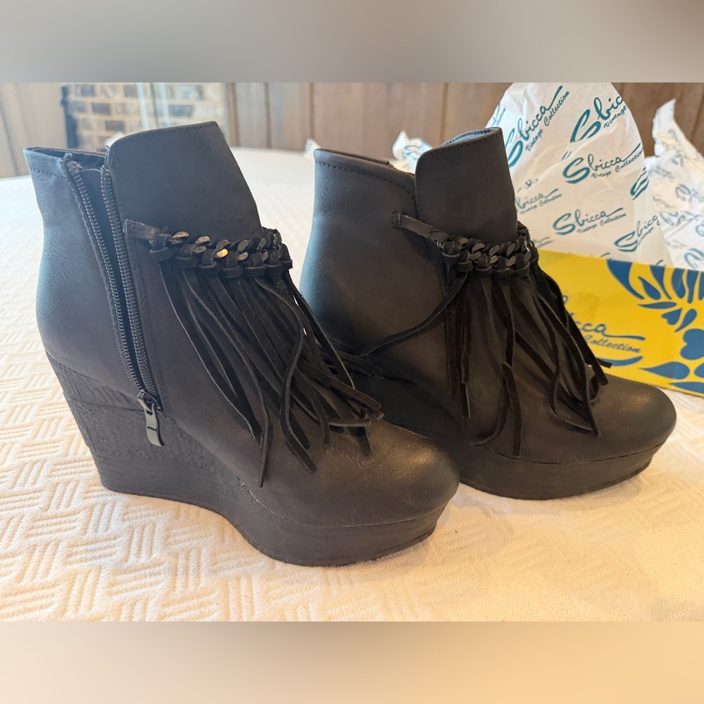 Sbicca Black Fringe Wedge Ankle Boots